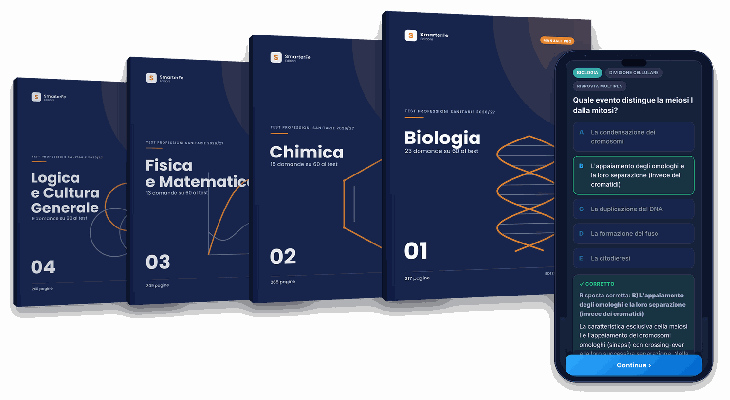 I quattro Manuali del test di Professioni Sanitarie e il Simulatore Quiz sul telefono