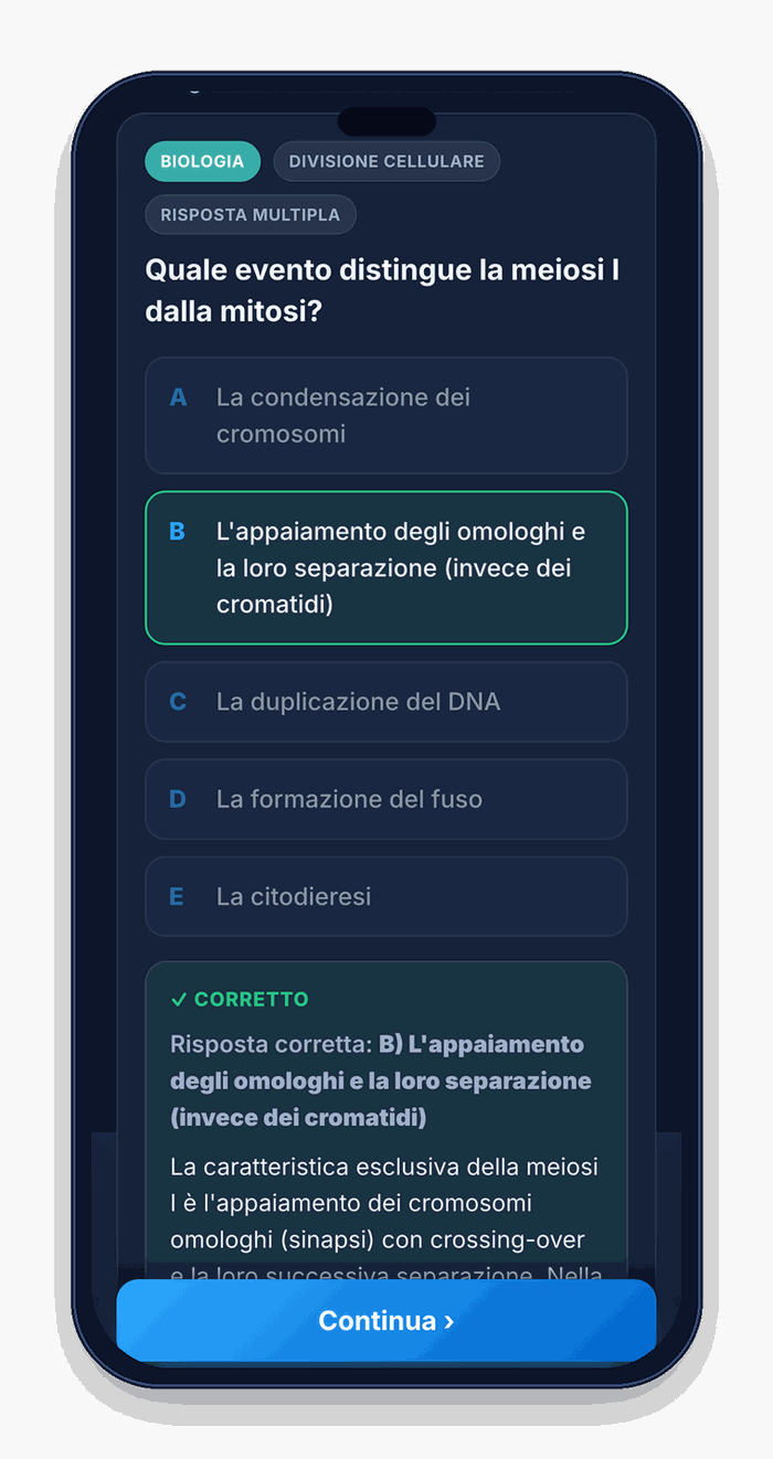 Il Simulatore Quiz di SmarterFe sul telefono: una domanda di Biologia con la risposta corretta e la spiegazione