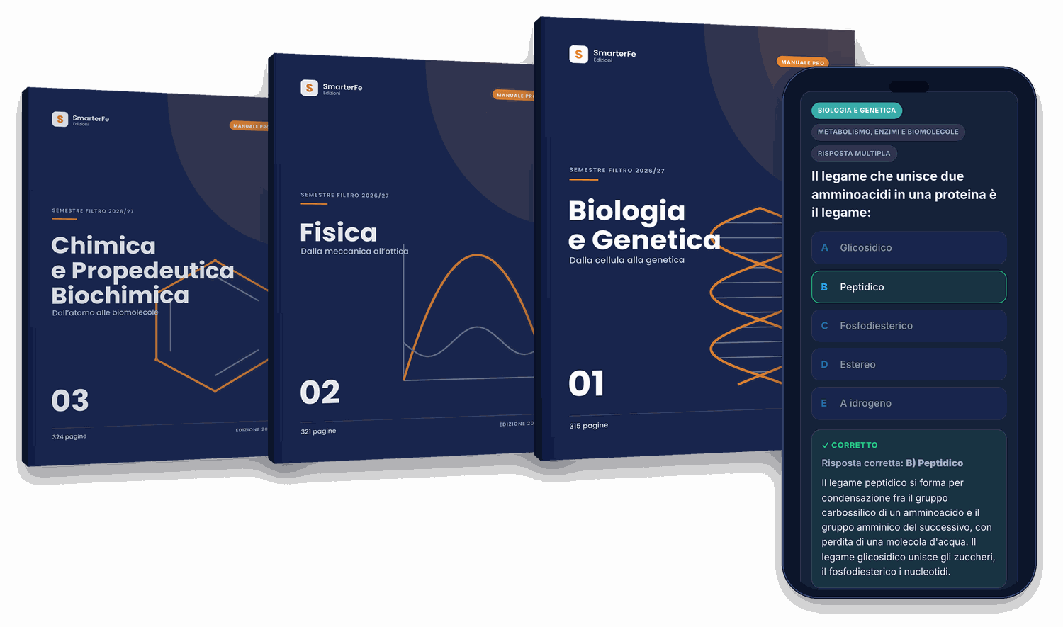 I tre Manuali del semestre filtro di Medicina e il Simulatore Quiz aperto sul telefono