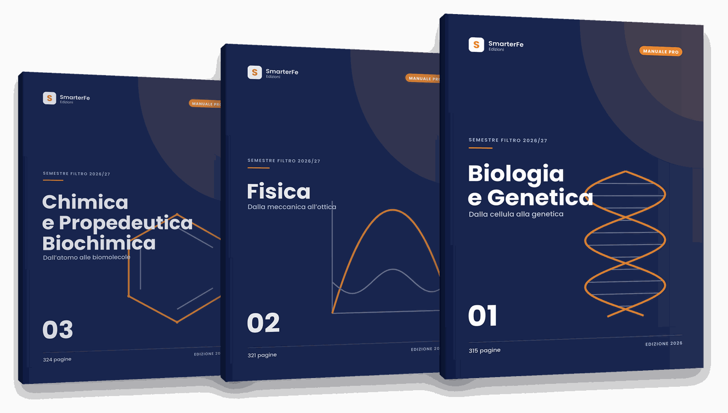 I tre Manuali del semestre filtro: Biologia e Genetica, Fisica, Chimica e Propedeutica Biochimica