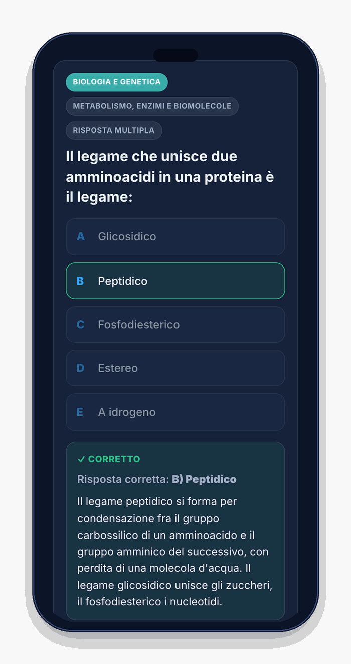 Il Simulatore Quiz del semestre filtro sul telefono: una domanda di Biologia con la risposta corretta e la spiegazione